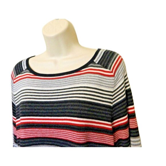 Croft & Barrow Striped Knit Top XL Black Silver Red Gray Scoop Neck 3/4 Sleeve - Picture 1 of 8